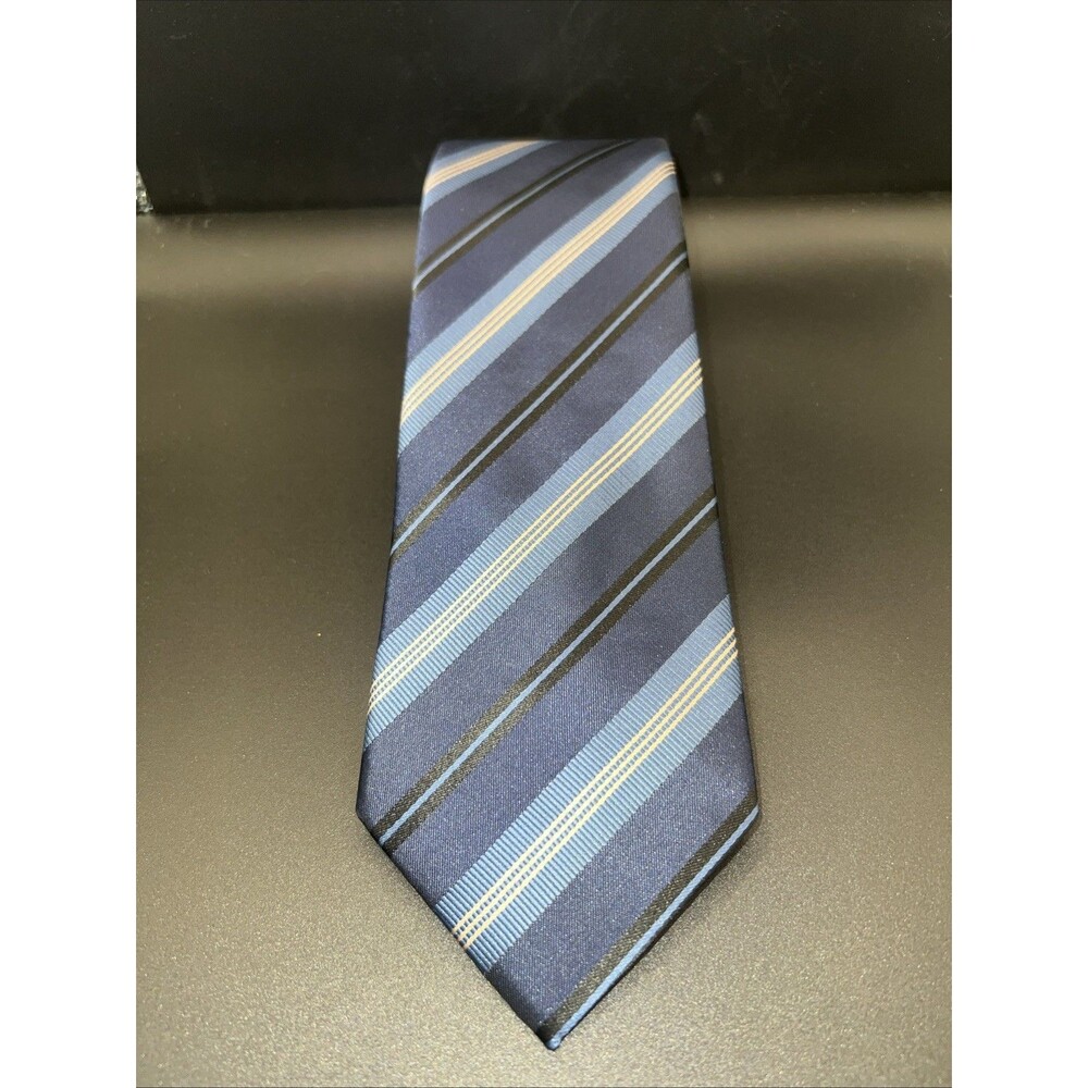 S&W Necktie. Diagonal Blue,Gold And Black stripes. Handmade.